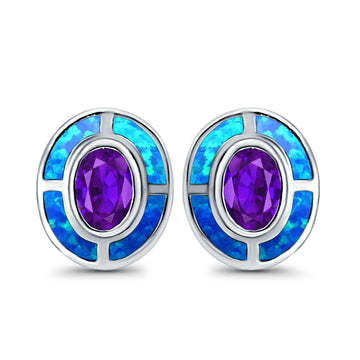 Oval Amethyst Stud Earrings Lab Created Blue Opal Simulated CZ 925 Sterling Silver (13mm)